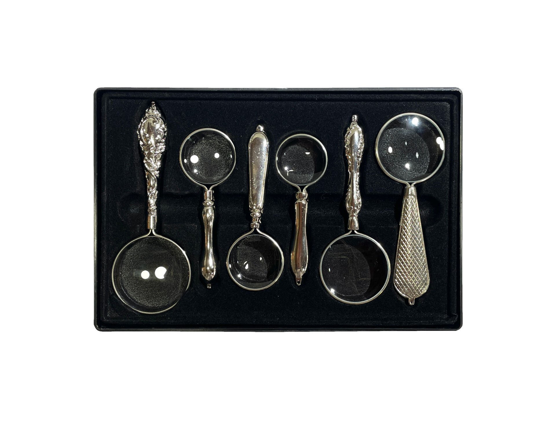 Vera Sanat Gümüş Renkli İşlemeli Saplı 6'Lı El Büyüteci Seti (32-40-45 mm)