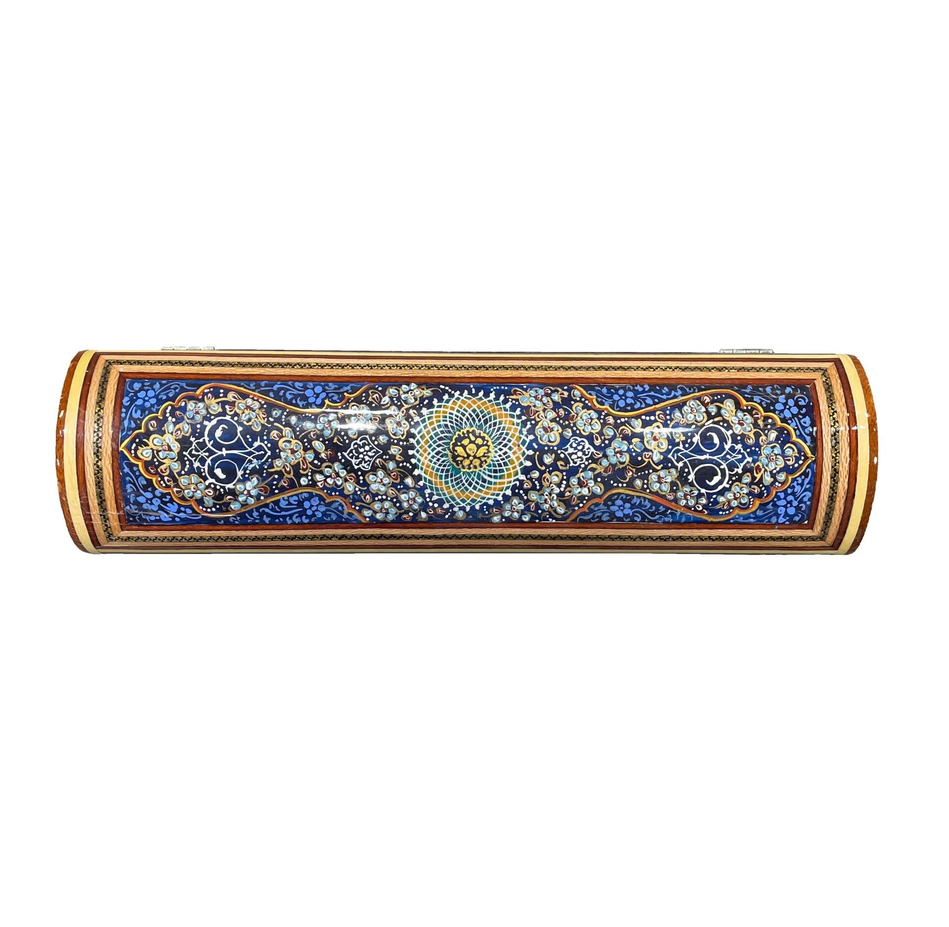 İran Ahşap Kalemlik Sedef Kakma Sandık Tipi - Sarmal Desenli Lacivert - 30 cm