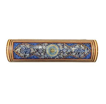 İran Ahşap Kalemlik Sedef Kakma Sandık Tipi - Sarmal Desenli Lacivert - 30 cm