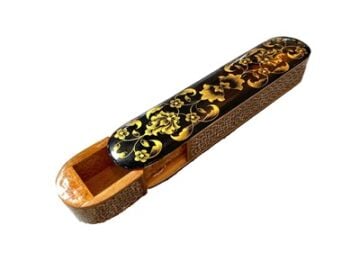 AHŞAP KALEMLİK SEDEF KAKMA Sürgülü Siyah Altın Yaldız Desenli