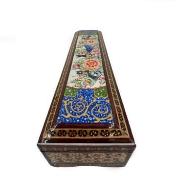 AHŞAP KALEMLİK SEDEF KAKMA Tavus Kuşlu Mavi - Yeşil Desenli 25 CM