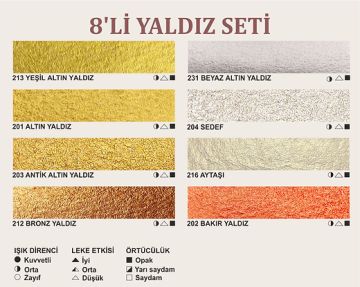 ŞemseArt TBS12 - 8'li Yaldız Tam Tava El Yapımı Sulu Boya Seti (201F,202F,203F,204F,212F,213F,216F,231F)
